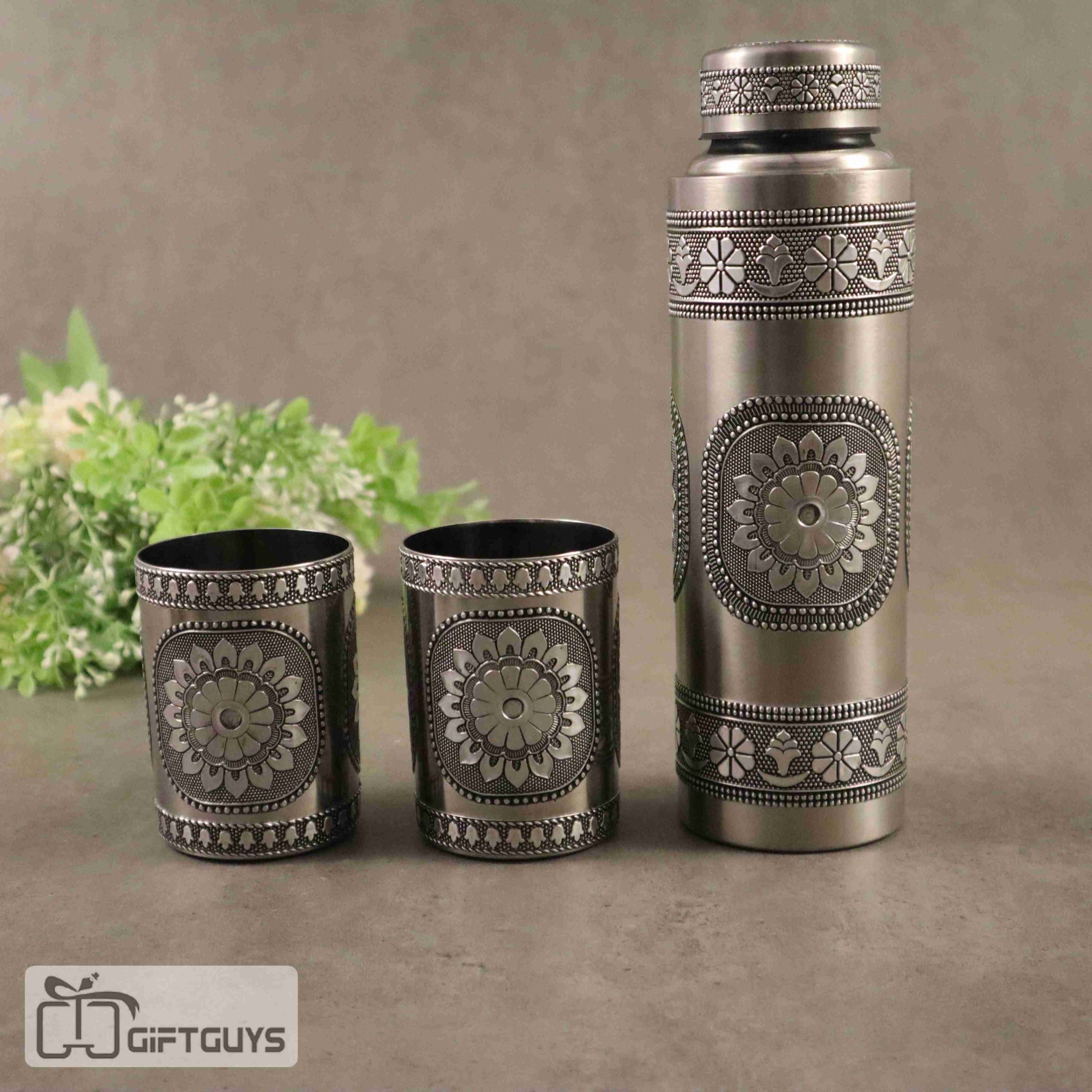 Oxidised steel bottle (750ML) with pair of glass
