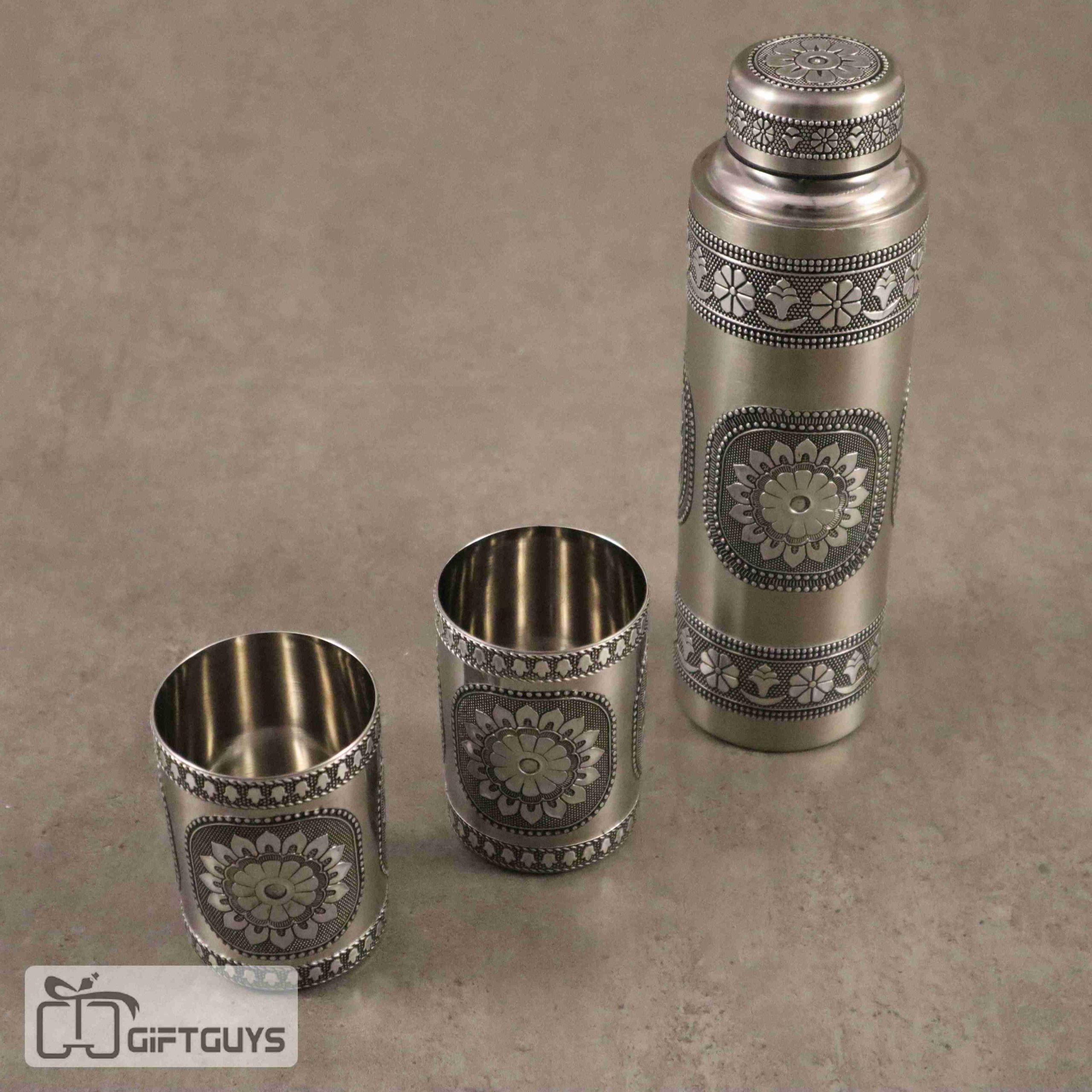 Oxidised steel bottle(1000 ML) with pair of glass