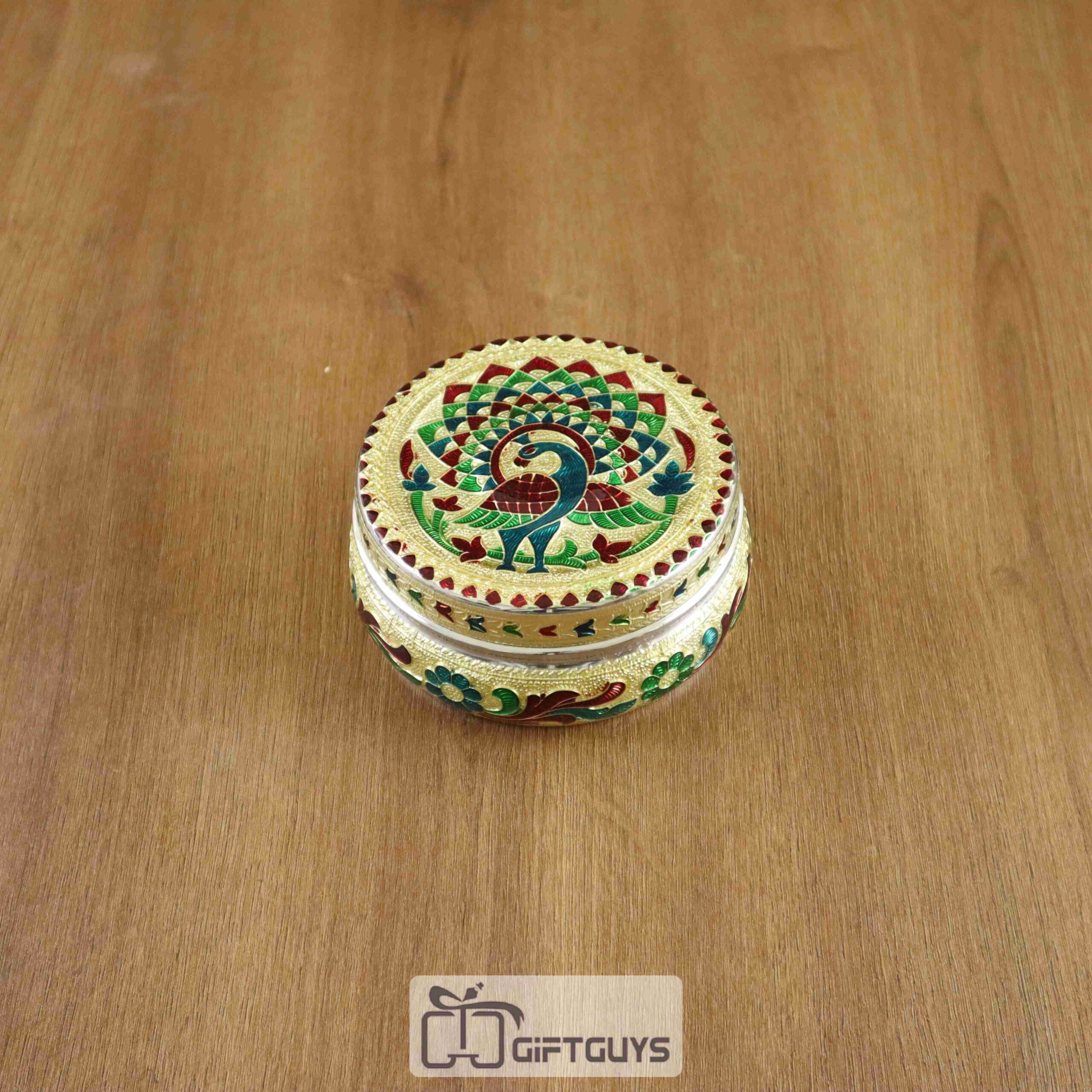Meenakari Steel Box Peacock Design 4 inch
