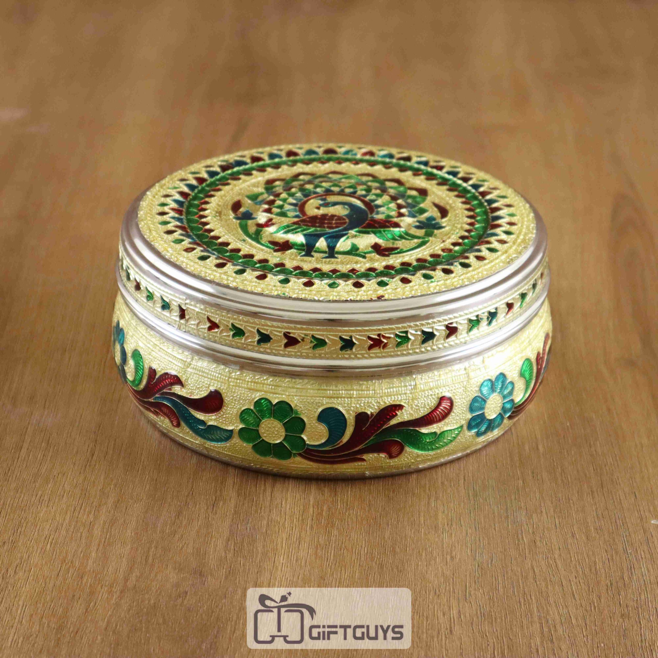 Meenakari Steel Box Peacock Design 6 inch