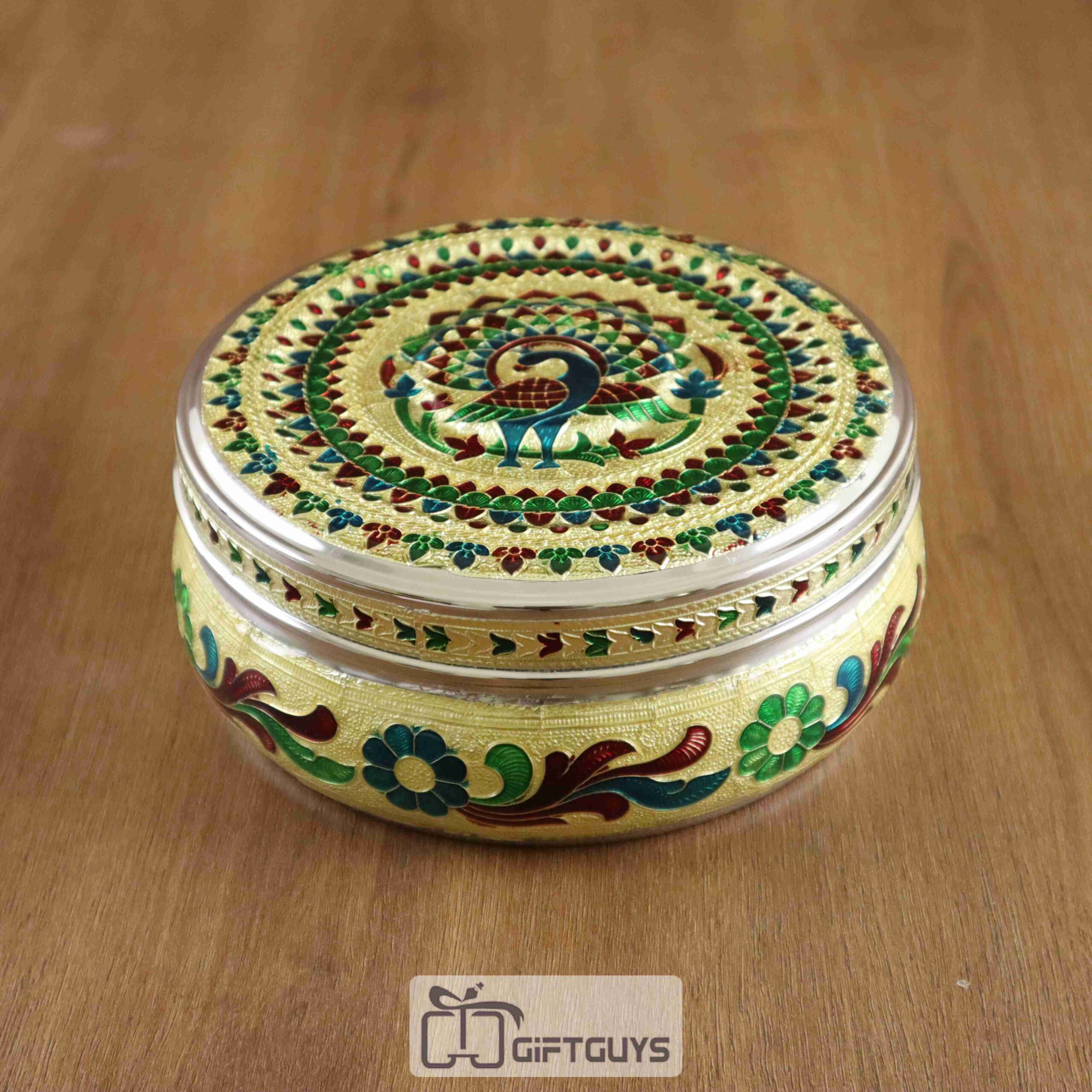 Meenakari Steel Box Peacock Design 6.5 inch
