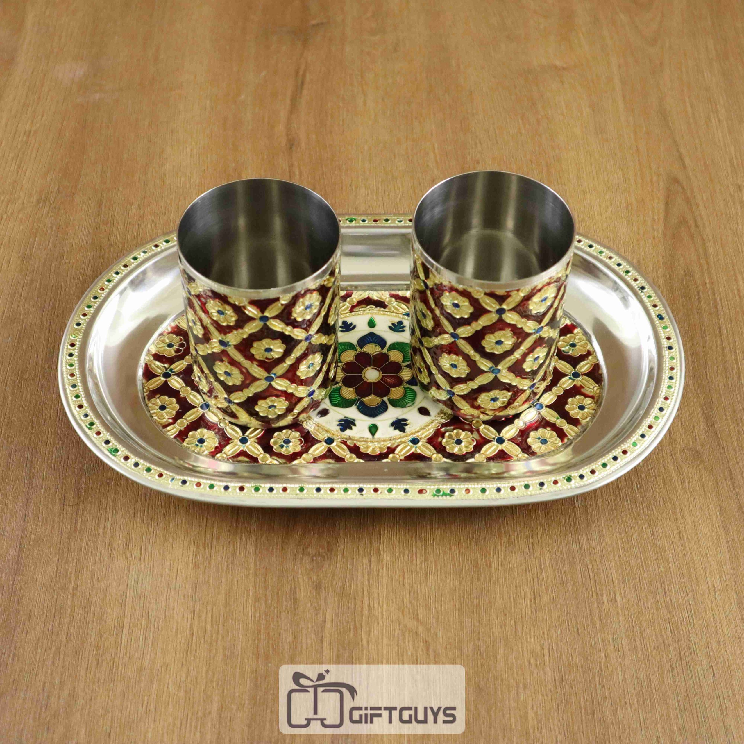 Meenakari SS Tray With 4 Glass