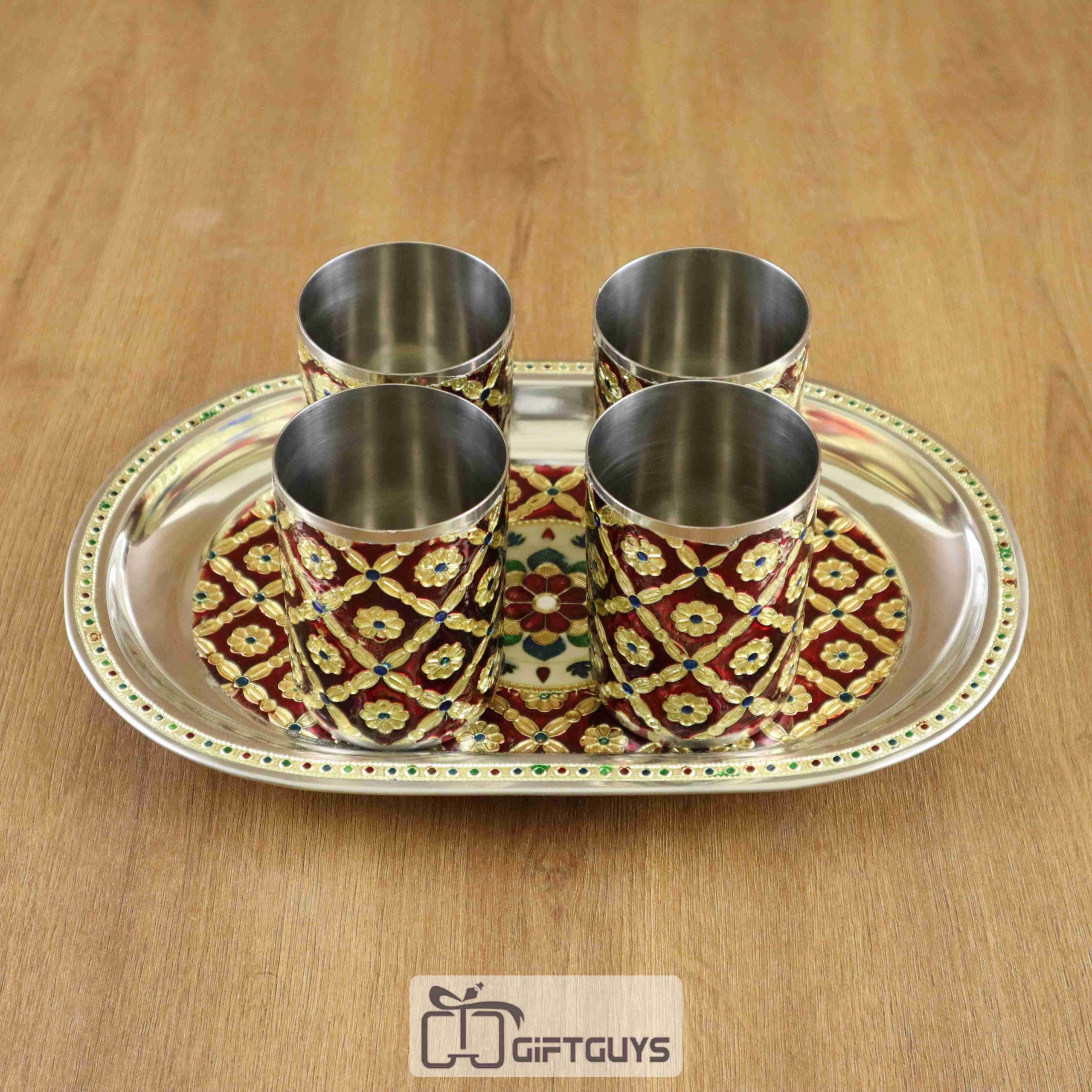 Meenakari SS Tray With 4 Glass