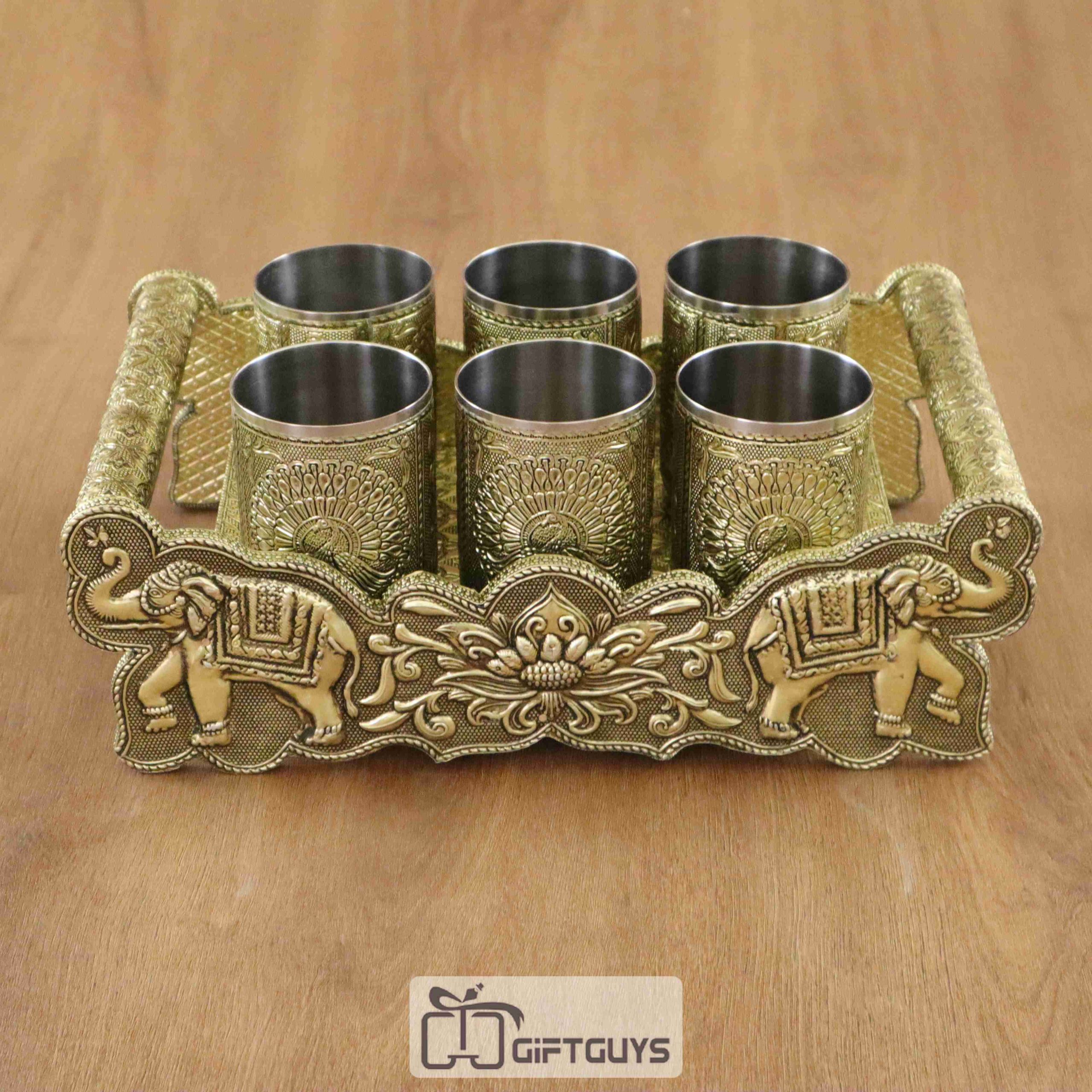 Wooden Oxidised Tray With 6 Glass