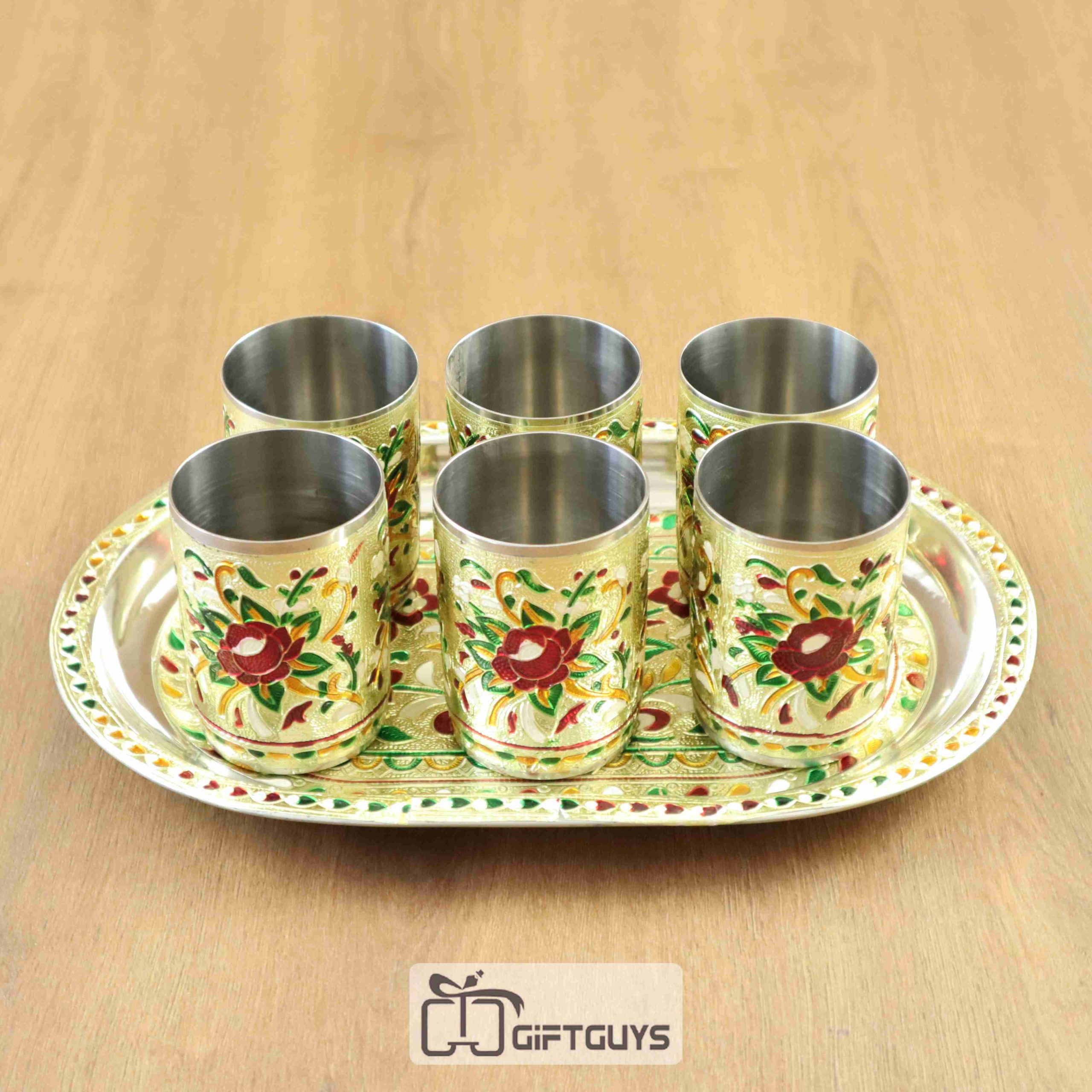 Meenakari SS Tray Wih 6 Glass