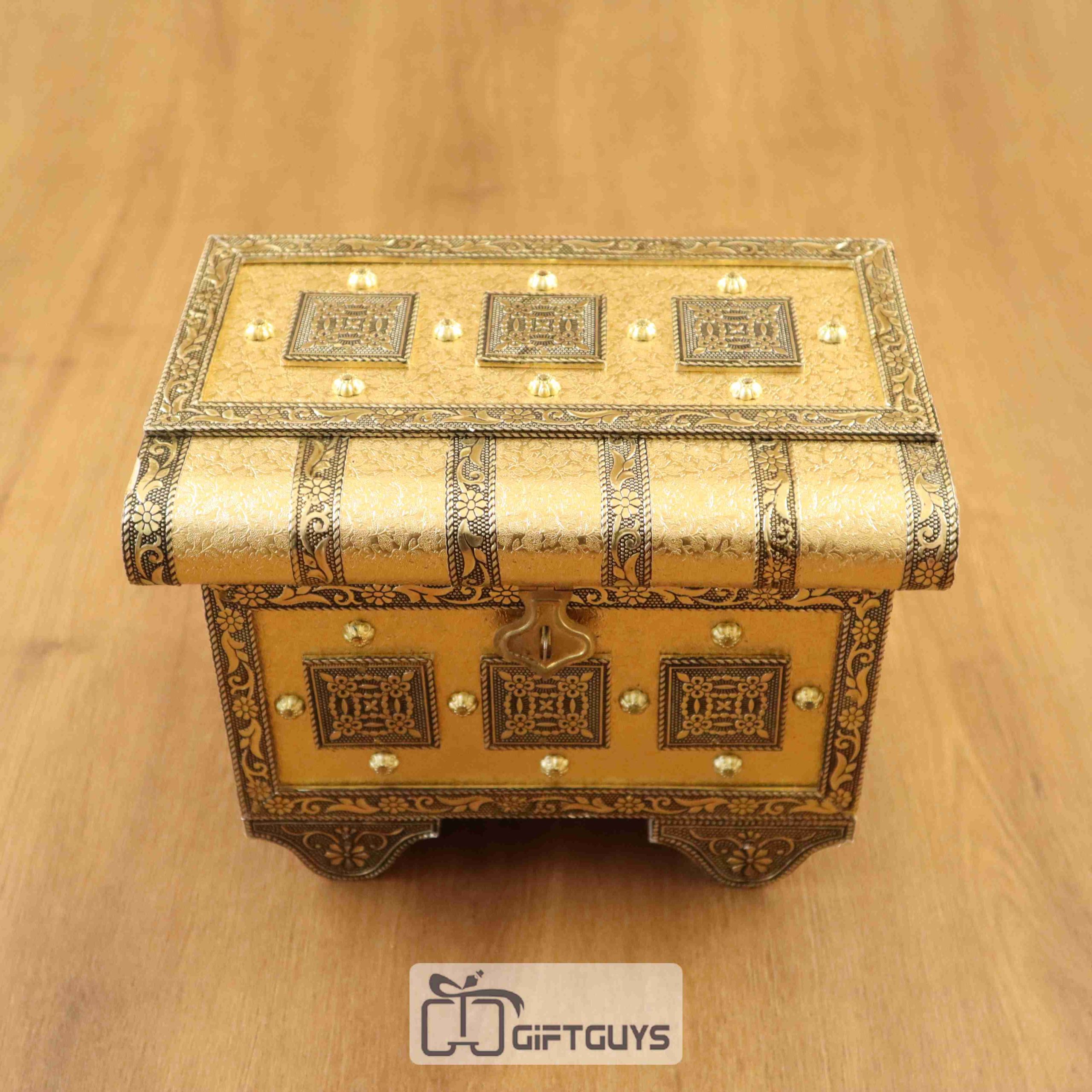Golden Oxidised Wooden Pitari ( Sandook ) 9 X 5.8 inch