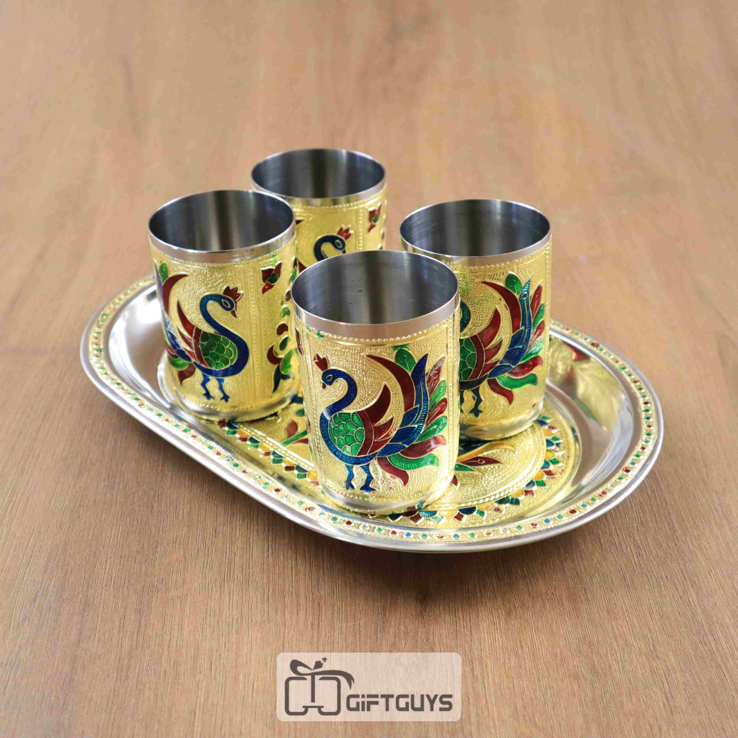 Meenakari SS Tray With 4 Glass