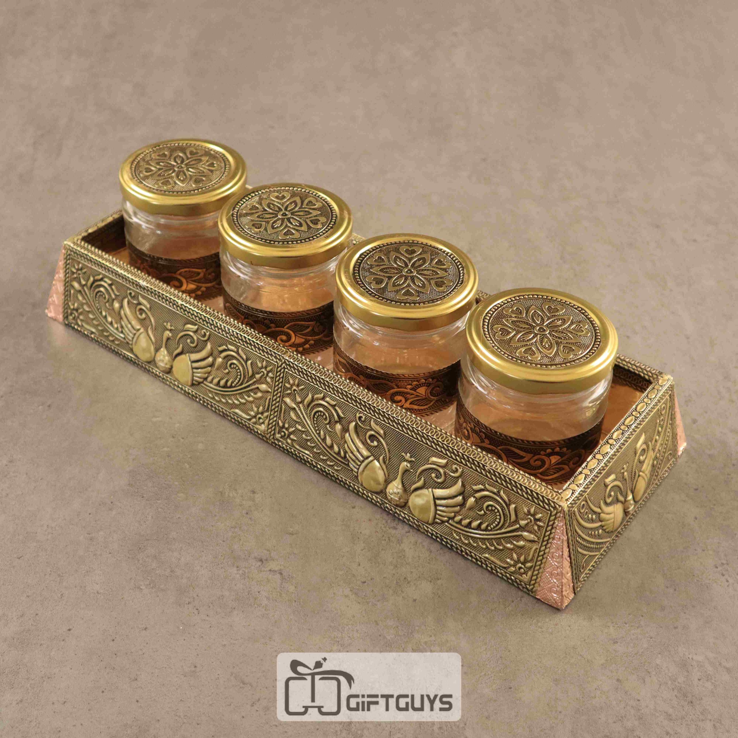 Wooden Oxidised Tray With 4 Jar
