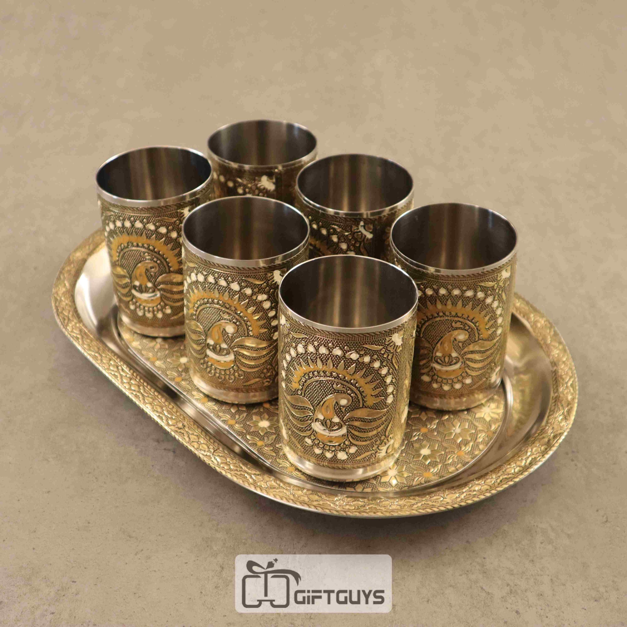Meenakari SS Tray With 6 Glass