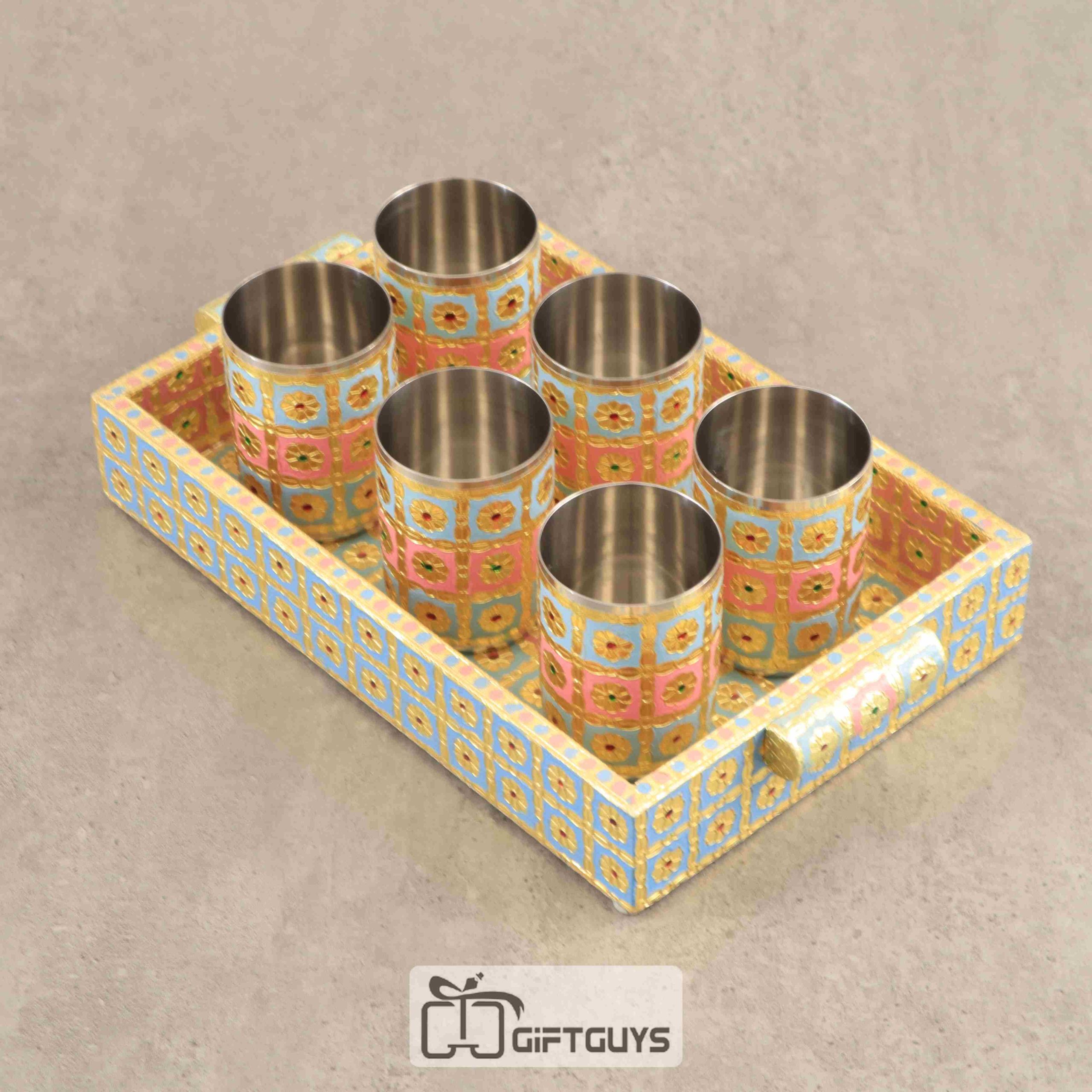 Wooden Meenakari Tray With 6 Glass