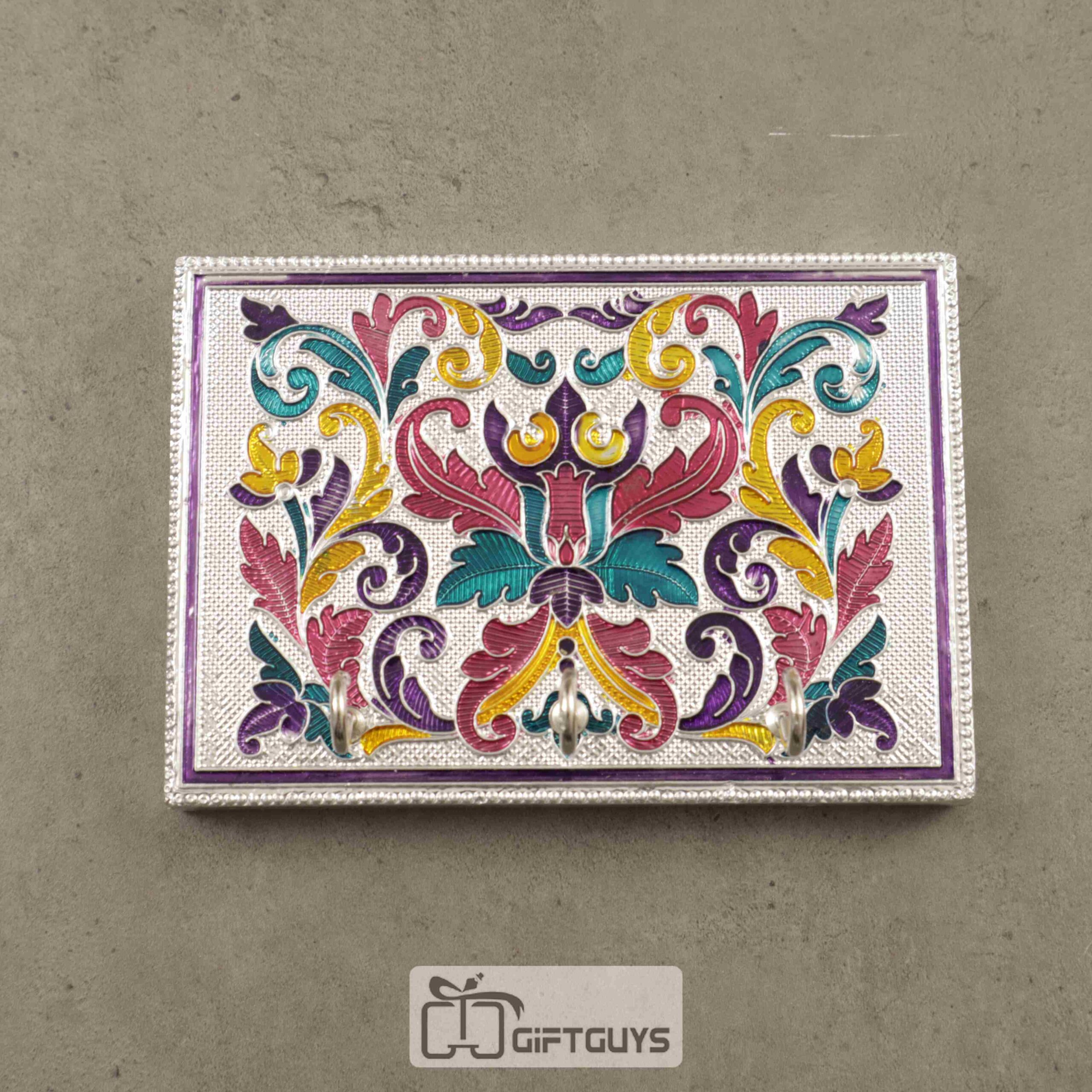 Key Hanger Silver Meenakari Flower Design 5 X 3.5 Inch