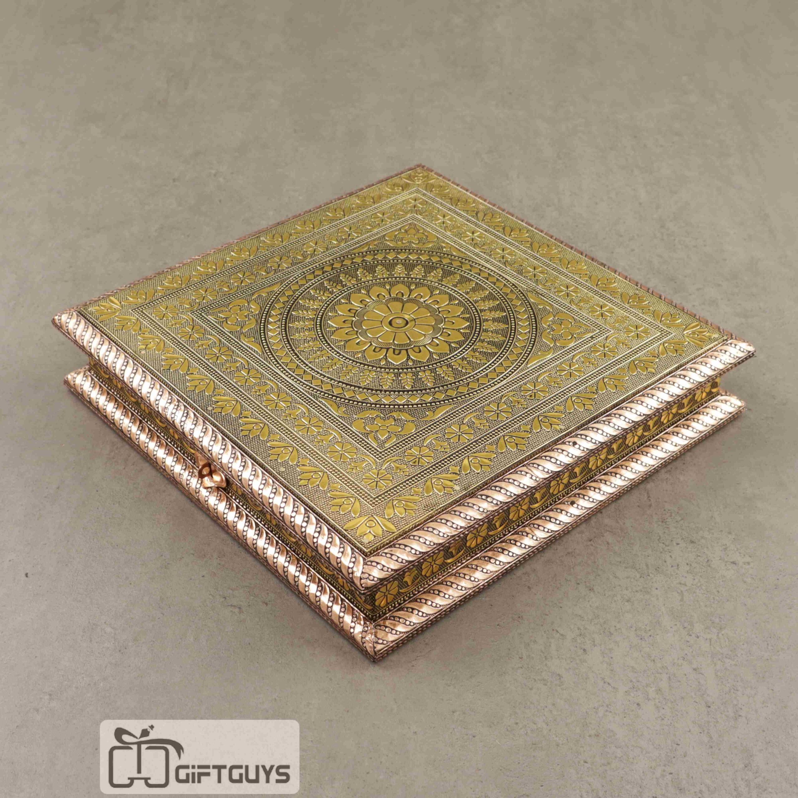 Golden Oxidised Dryfruit Box Florel Design 10 x 10 inch