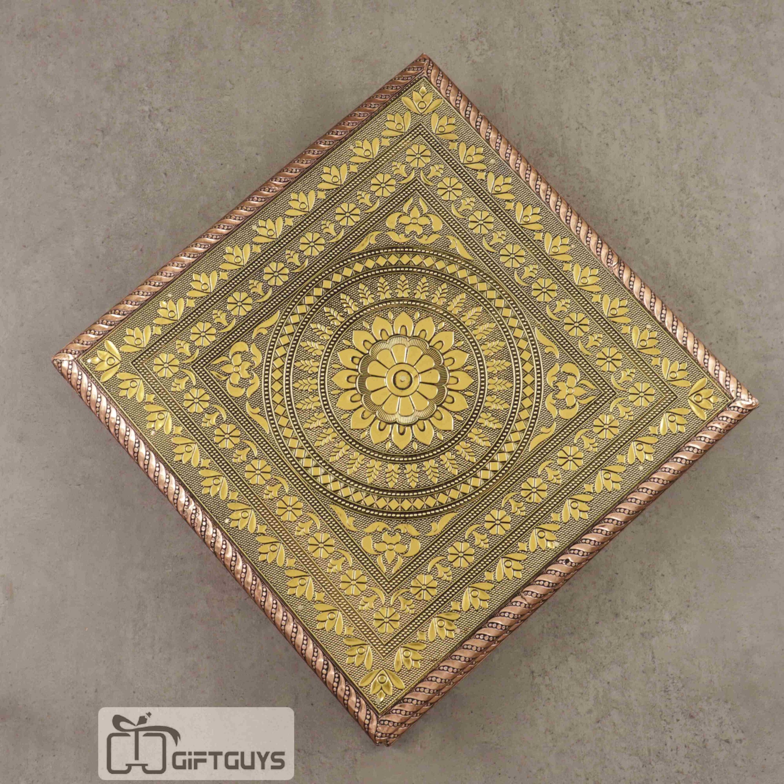 Golden Oxidised Dryfruit Box Florel Design 12 x 12 inch
