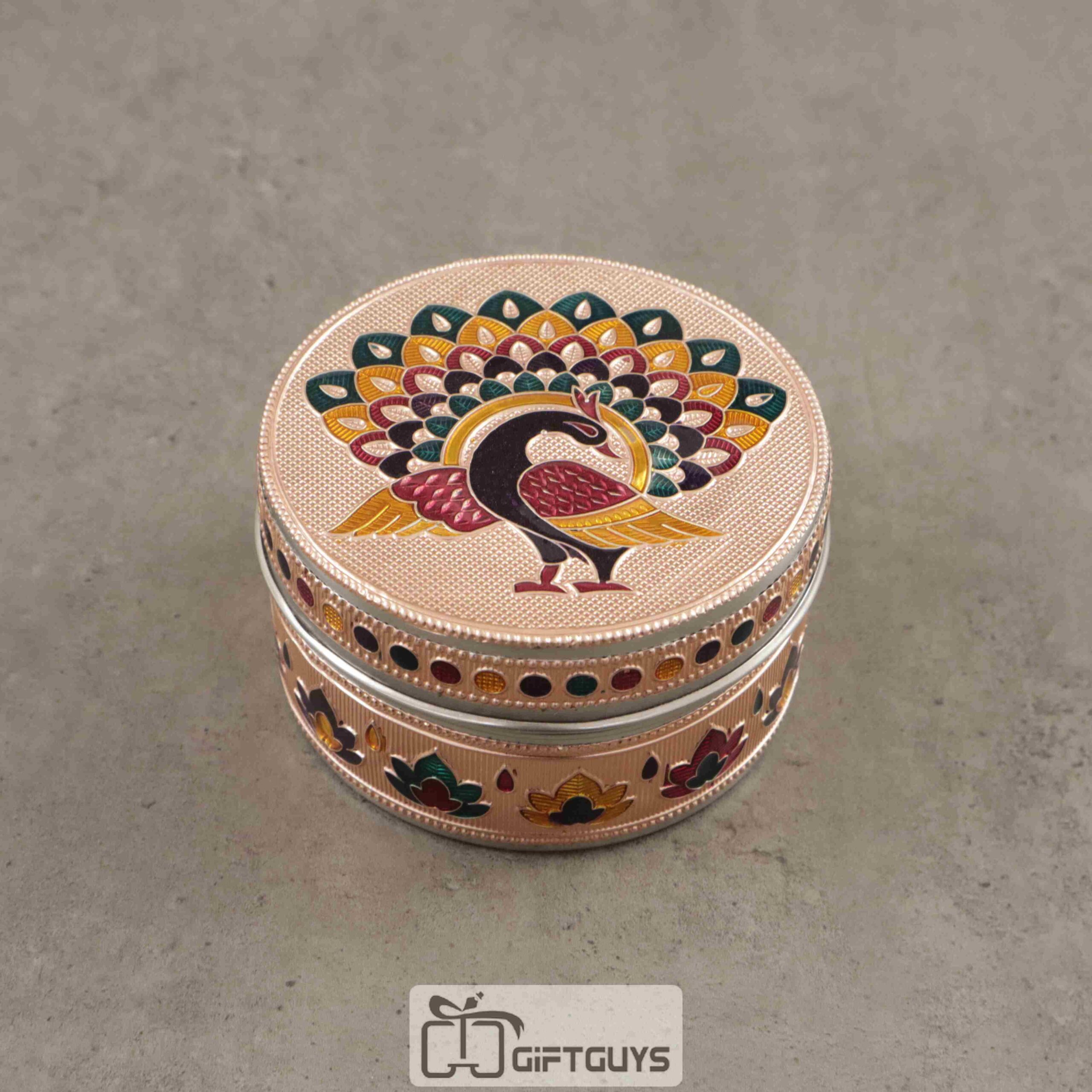 Copper Meenakari Steel Box Peacock Design 4 inch