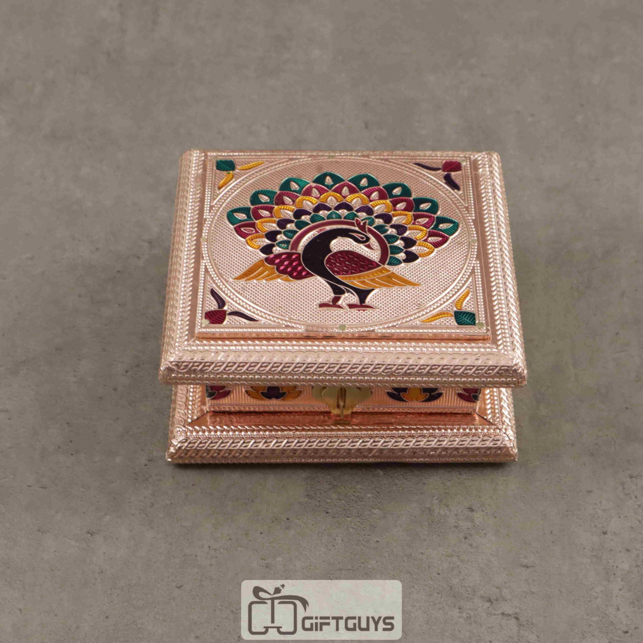 Copper Meenakari Dryfruit Box Peacock Design 5 x 5 inch