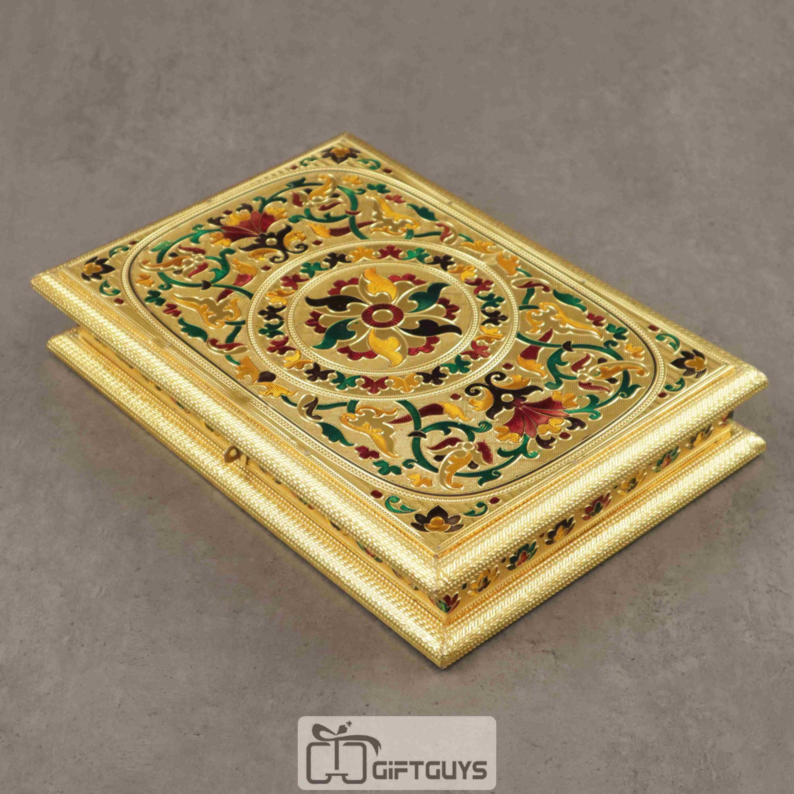 Golden Meenakari Dryfruit Box Floral Design 13 x 9 inch