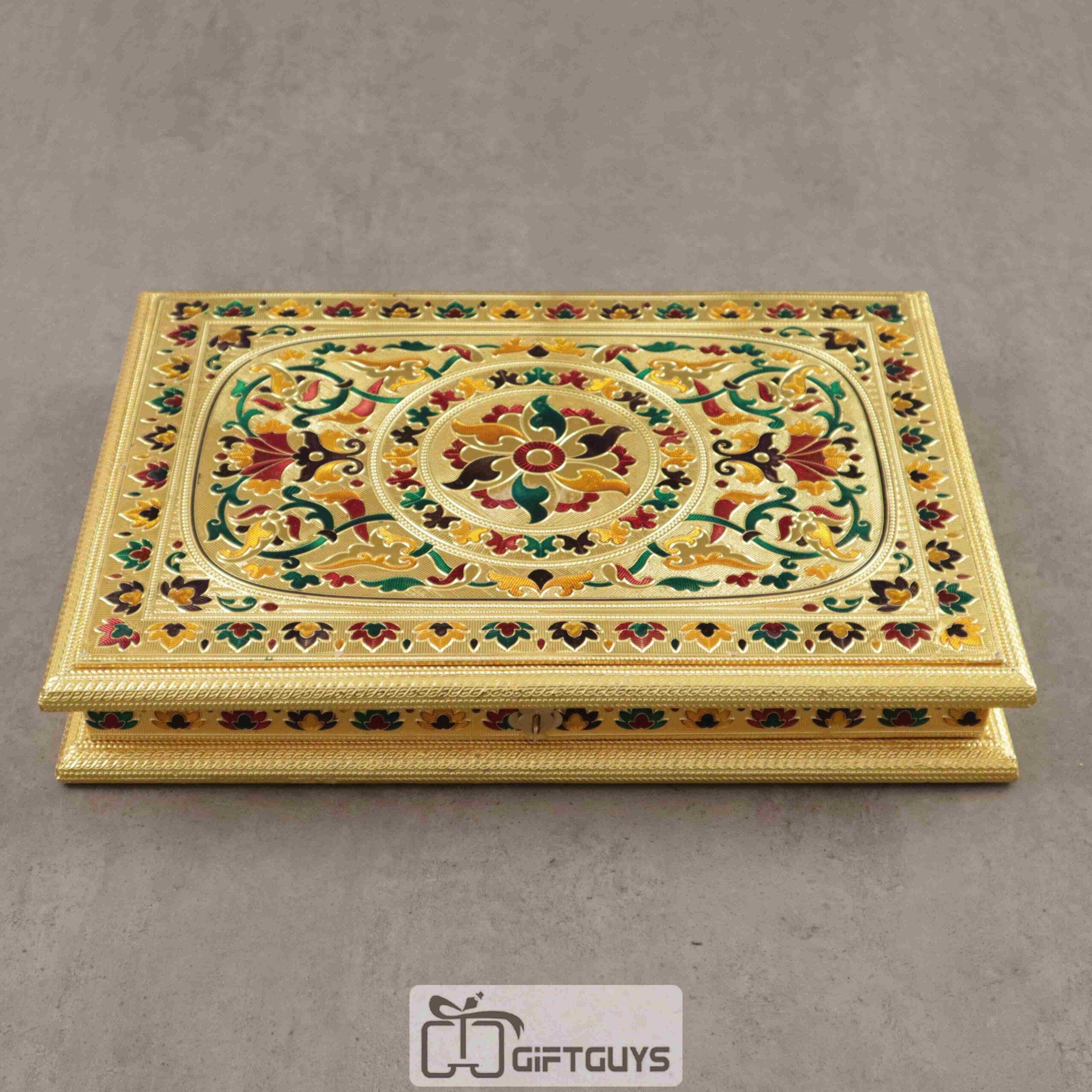 Golden Meenakari Dryfruit Box Floral Design 15 x 11 inch