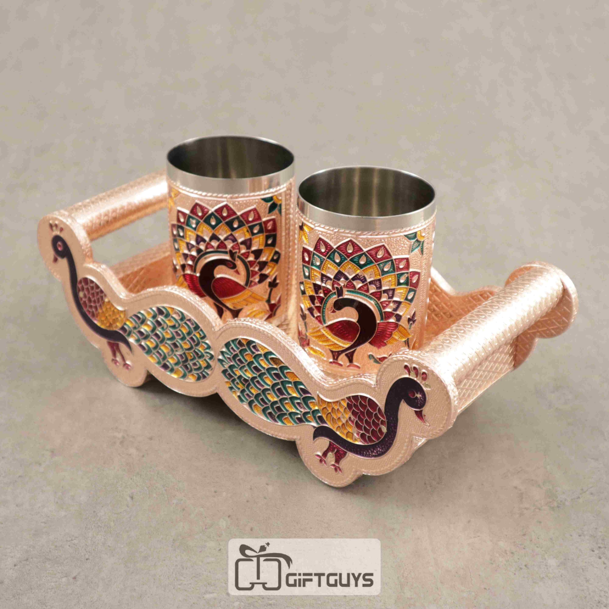 Meenakari Peacock Designed Tray With 2 Glass