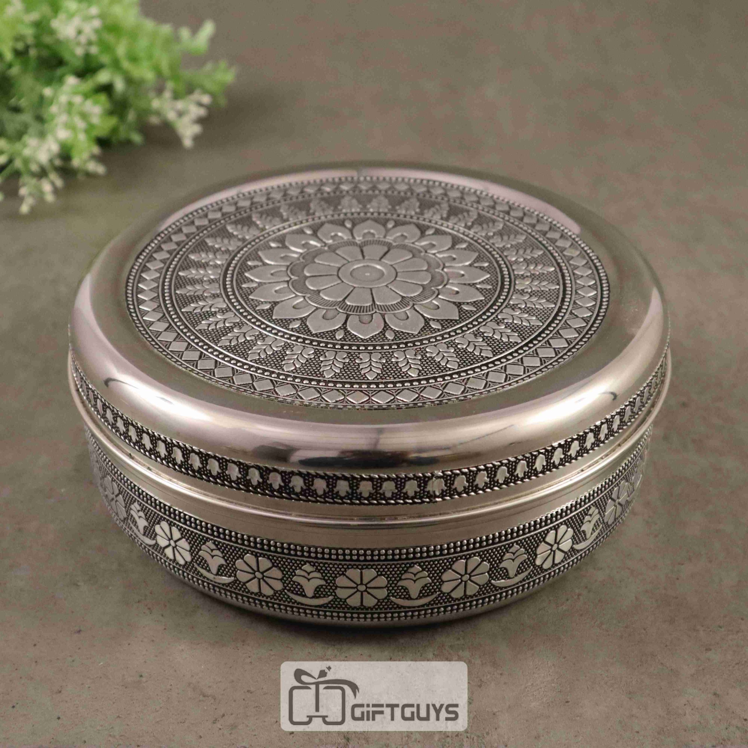 Silver Oxidised Steel Spice Box Floral Design 8 Inch