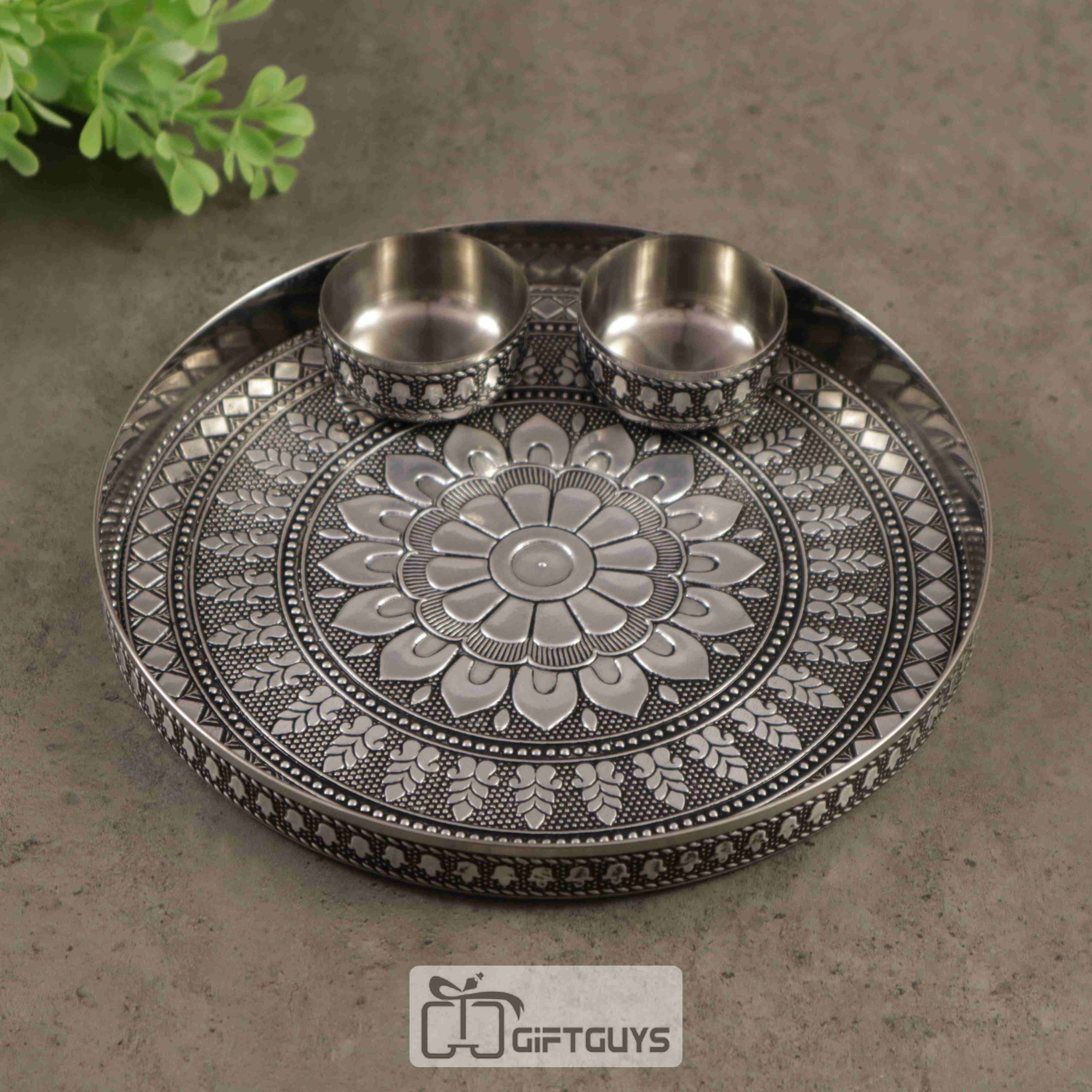 Silver Oxidised Steel Pooja Plate With 2 Small Bowl