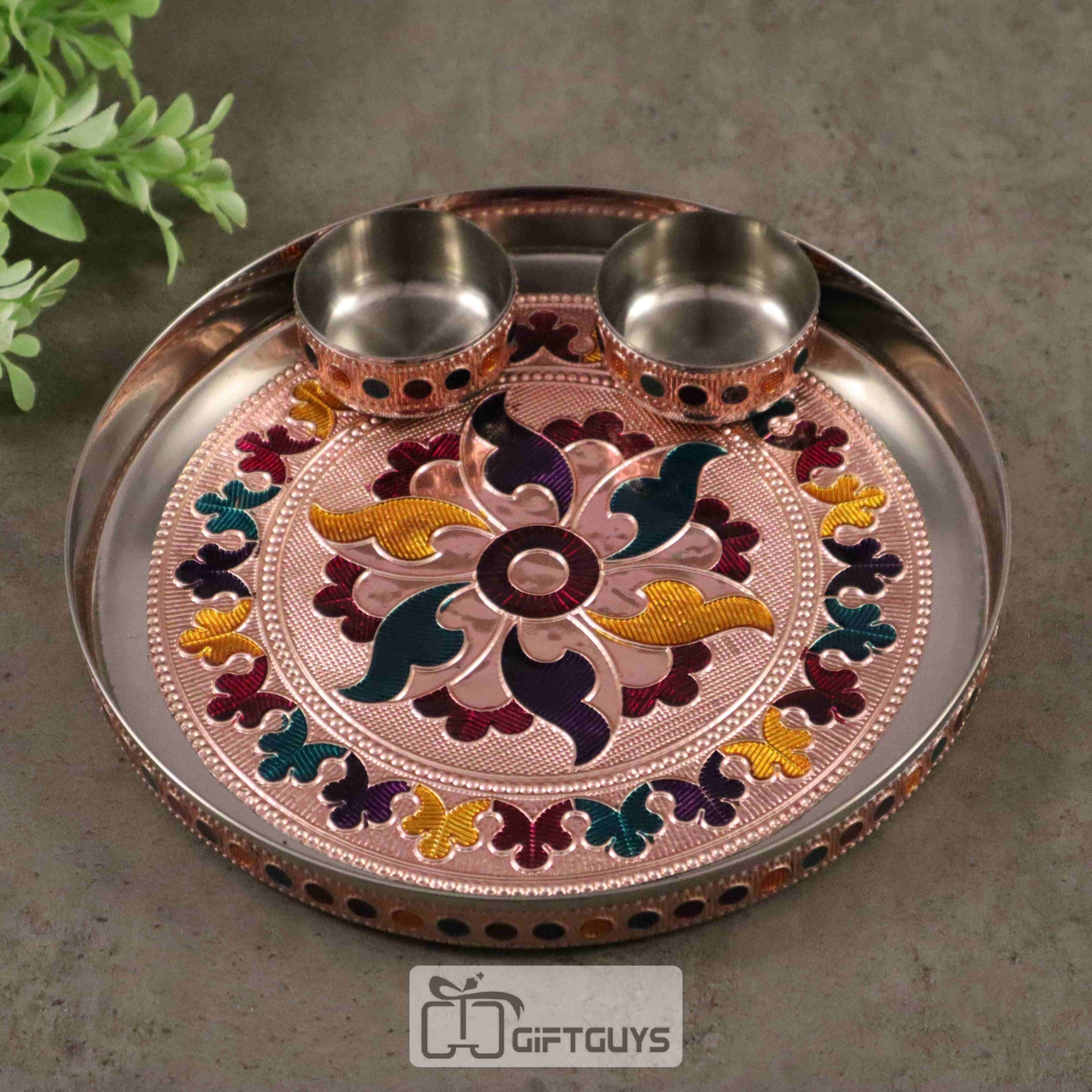 Meenakari Worked Steel Pooja Plate With 2 Small Bowl