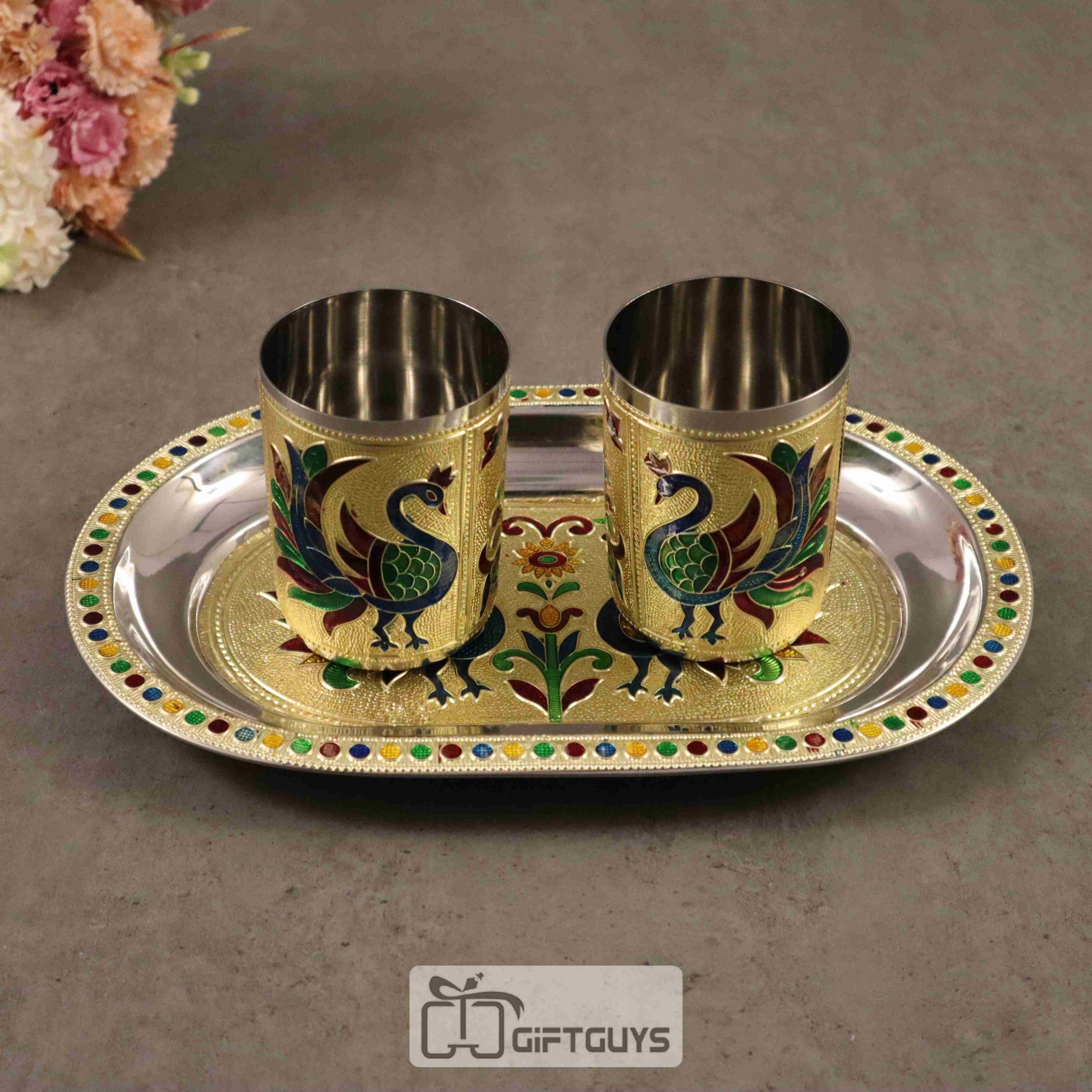 Meenakari SS Tray With 2 Glass