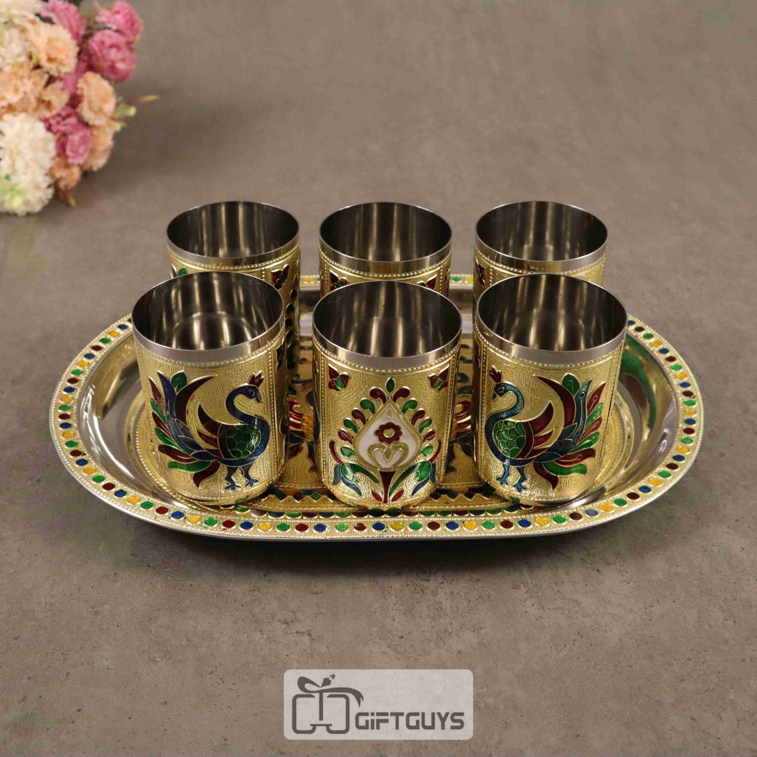 Meenakari SS Tray With 6 Glass