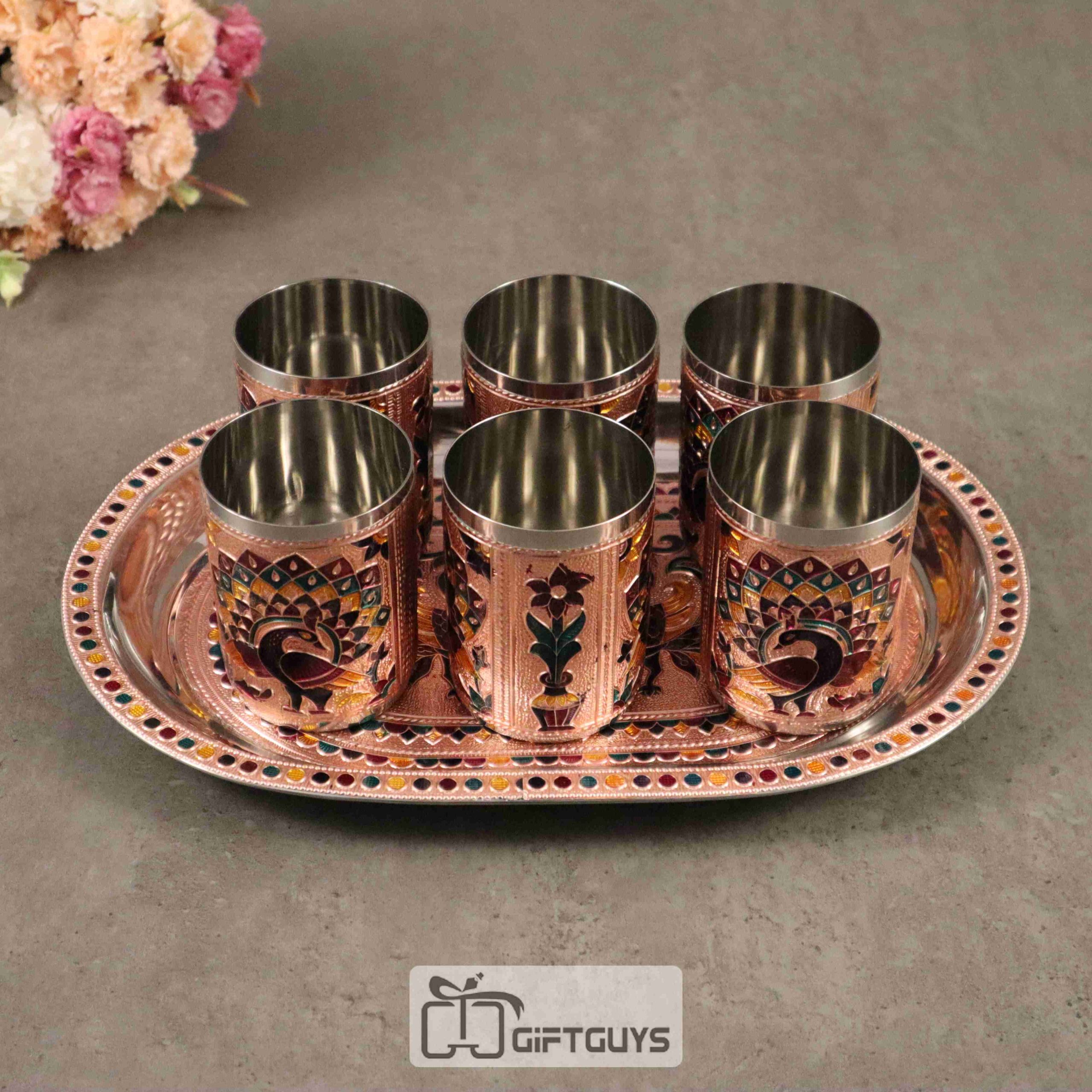 Meenakari SS Tray with 6 Glass