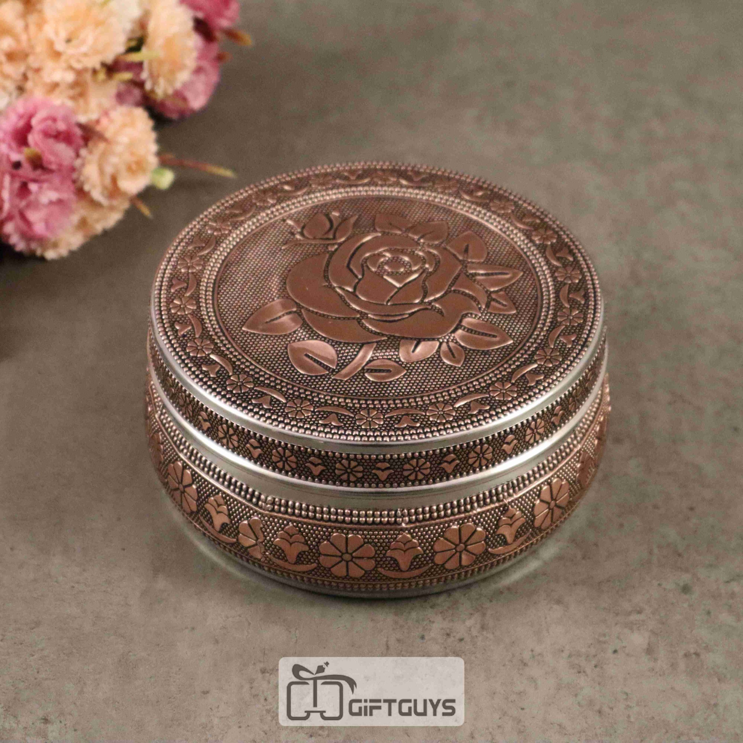 Copper oxidised floral designed steel box 5 inch