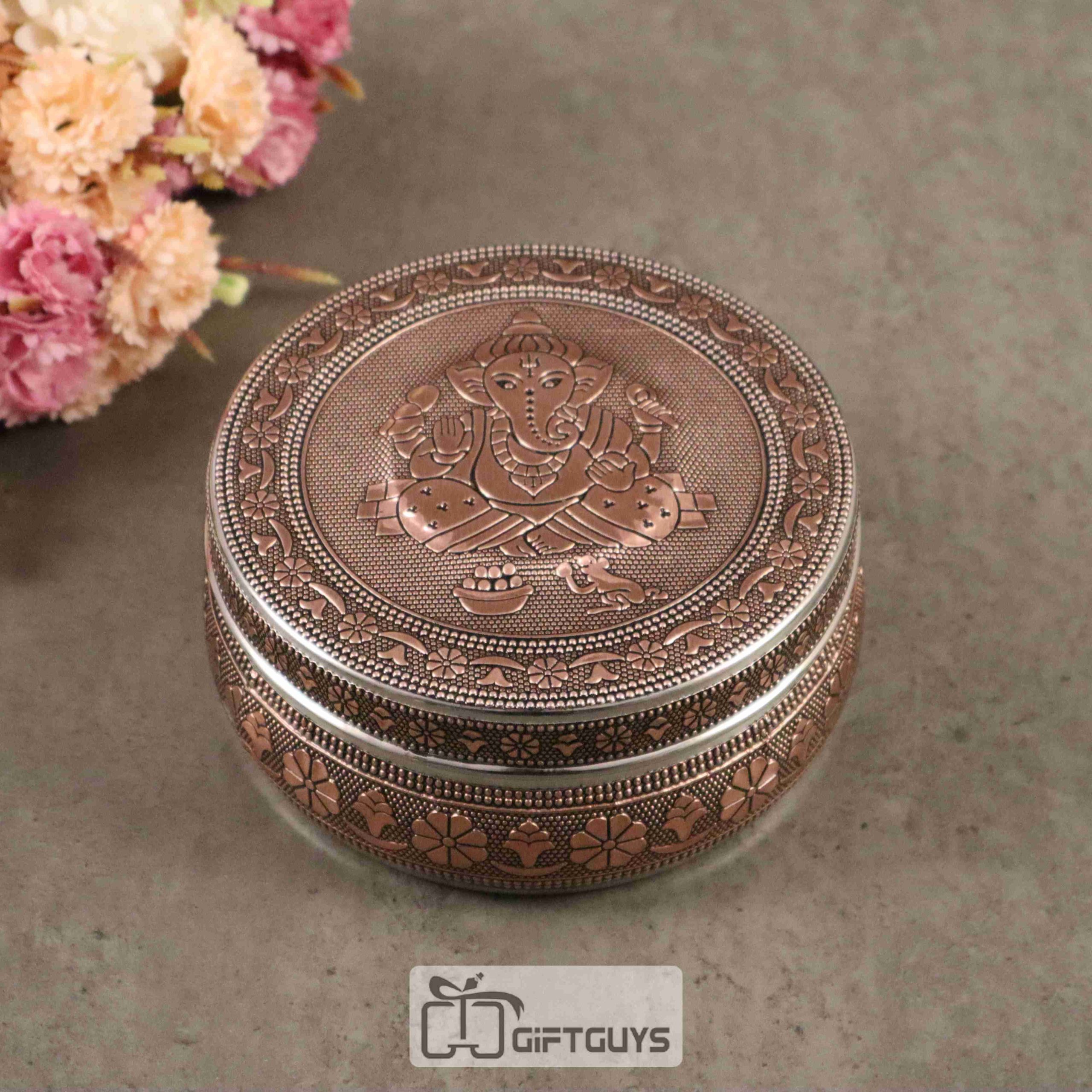 Copper oxidised Ganesha designed steel box 5 inch