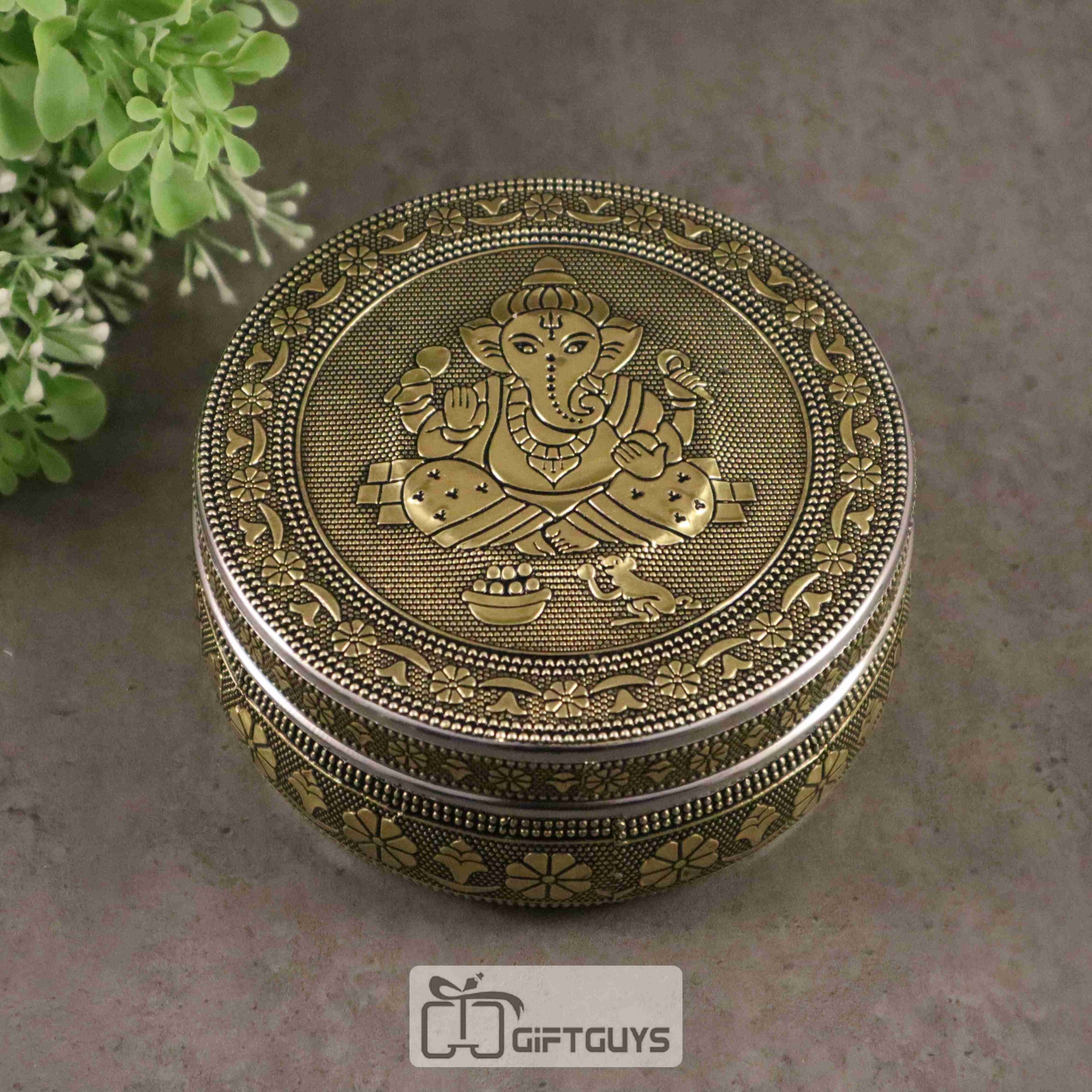 Golden oxidised ganesha designed steel box 5 inch
