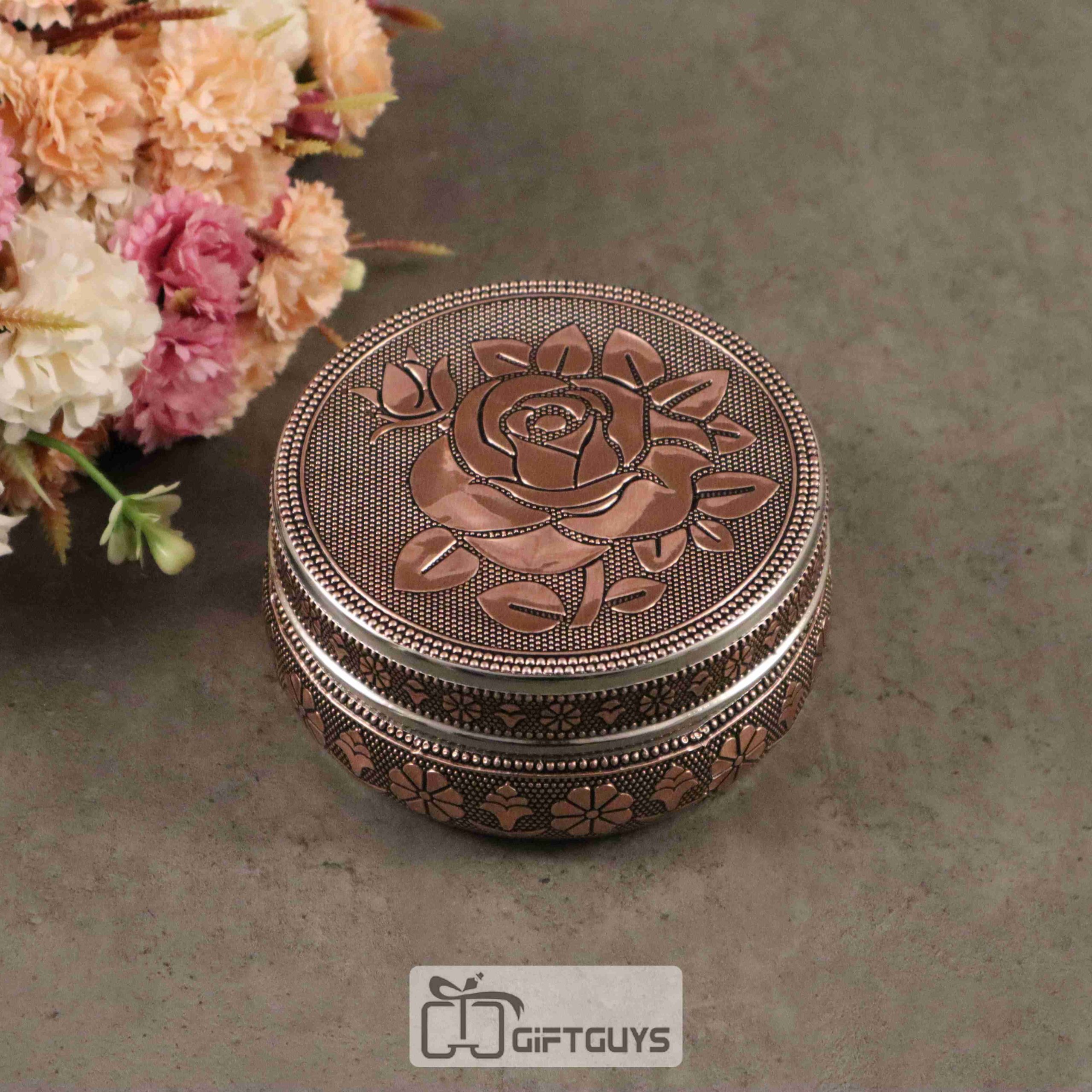 Copper oxidised floral designed steel box 4 inch