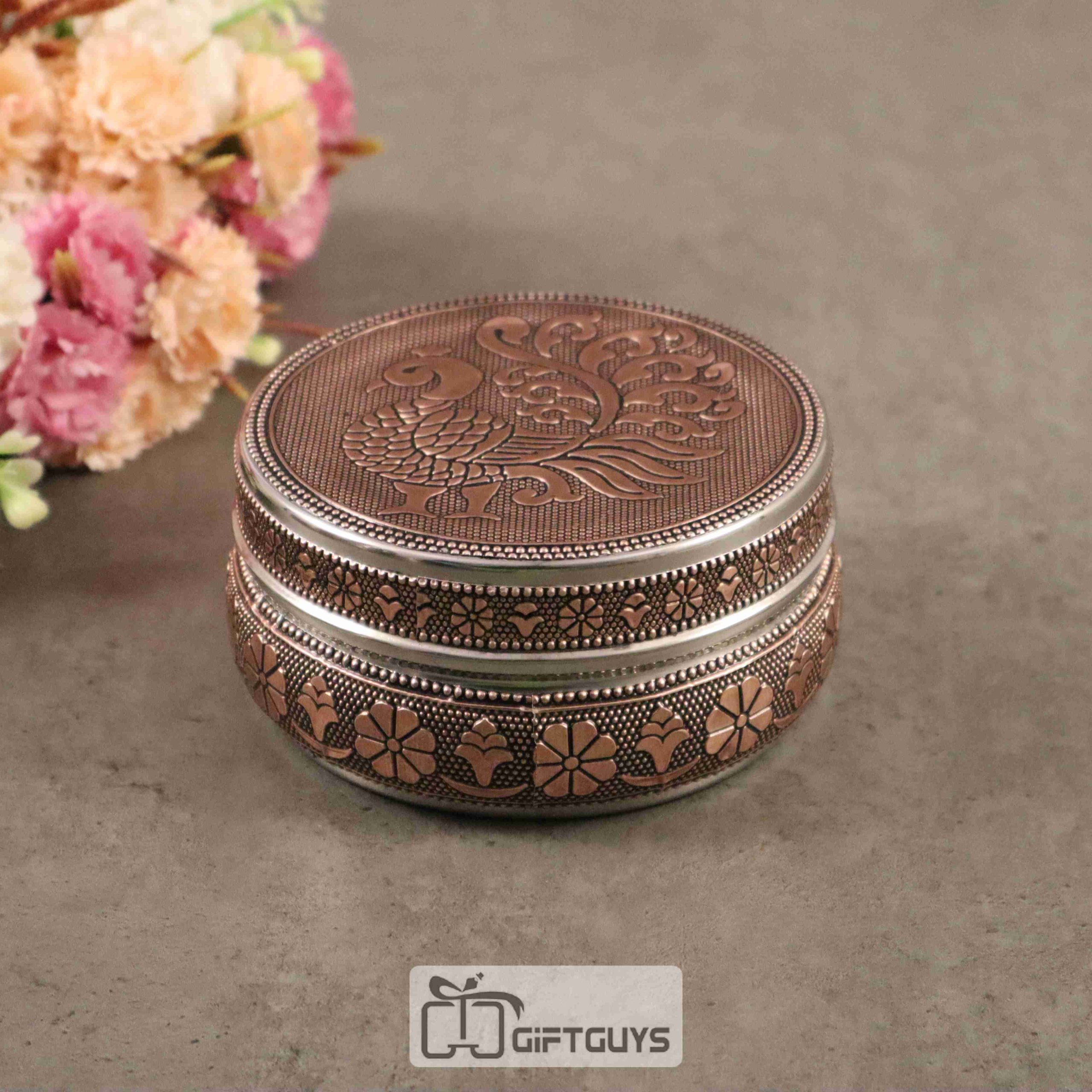 Copper oxidised Peacock worked steel box 4 inch