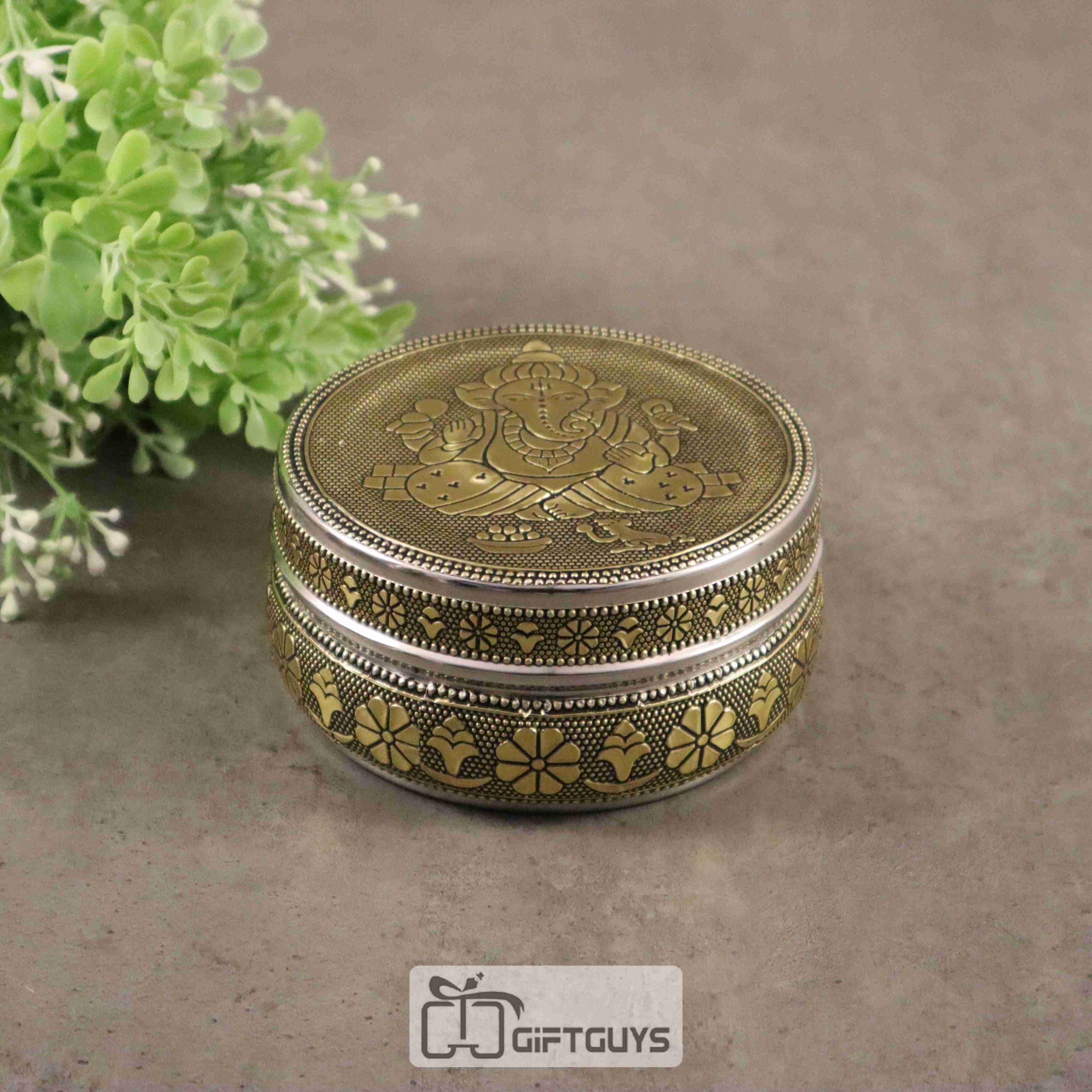 Golden oxidised Ganesha designed steel box 4 inch