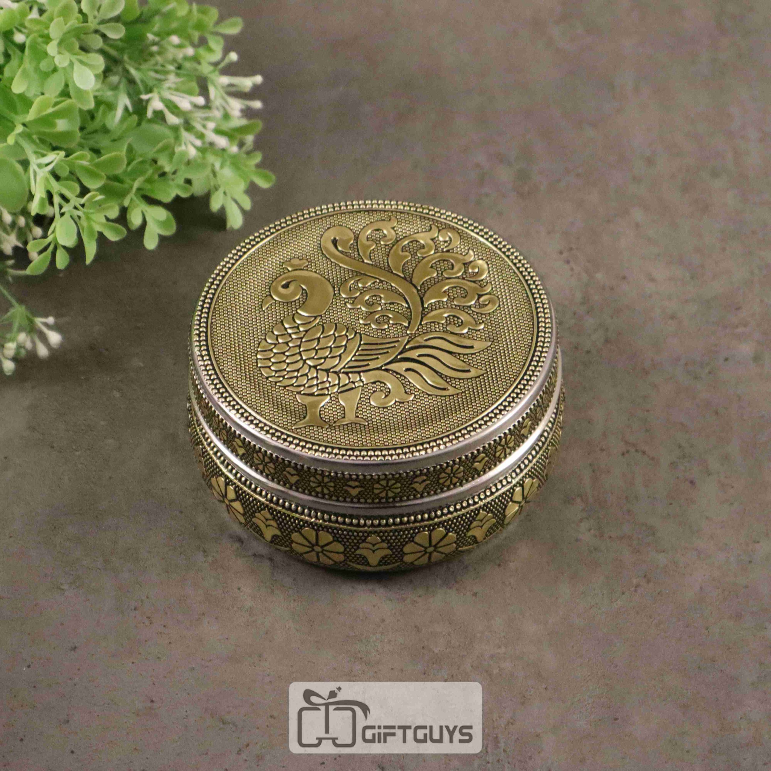 Golden oxidised peacock designed steel box 4 inch