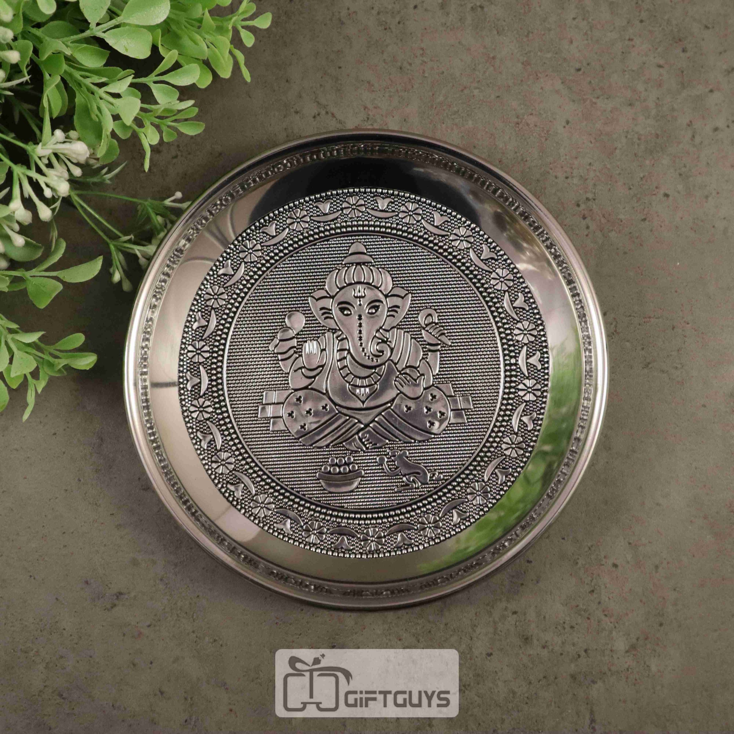 Silver oxidised Ganesha designed steel plate 6 inch