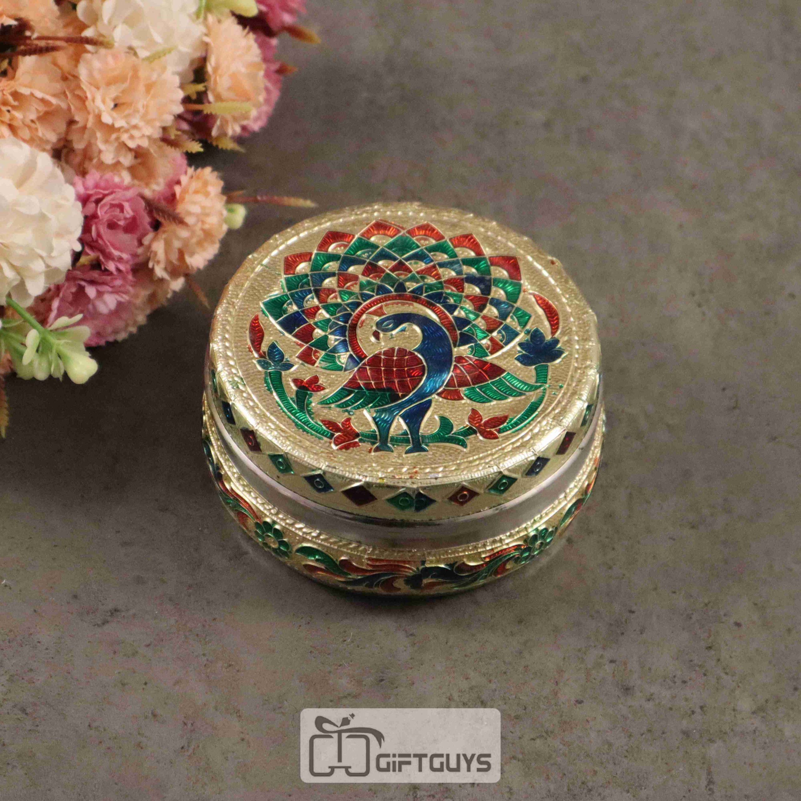 Meenakari Peacock designed steel box 4 inch