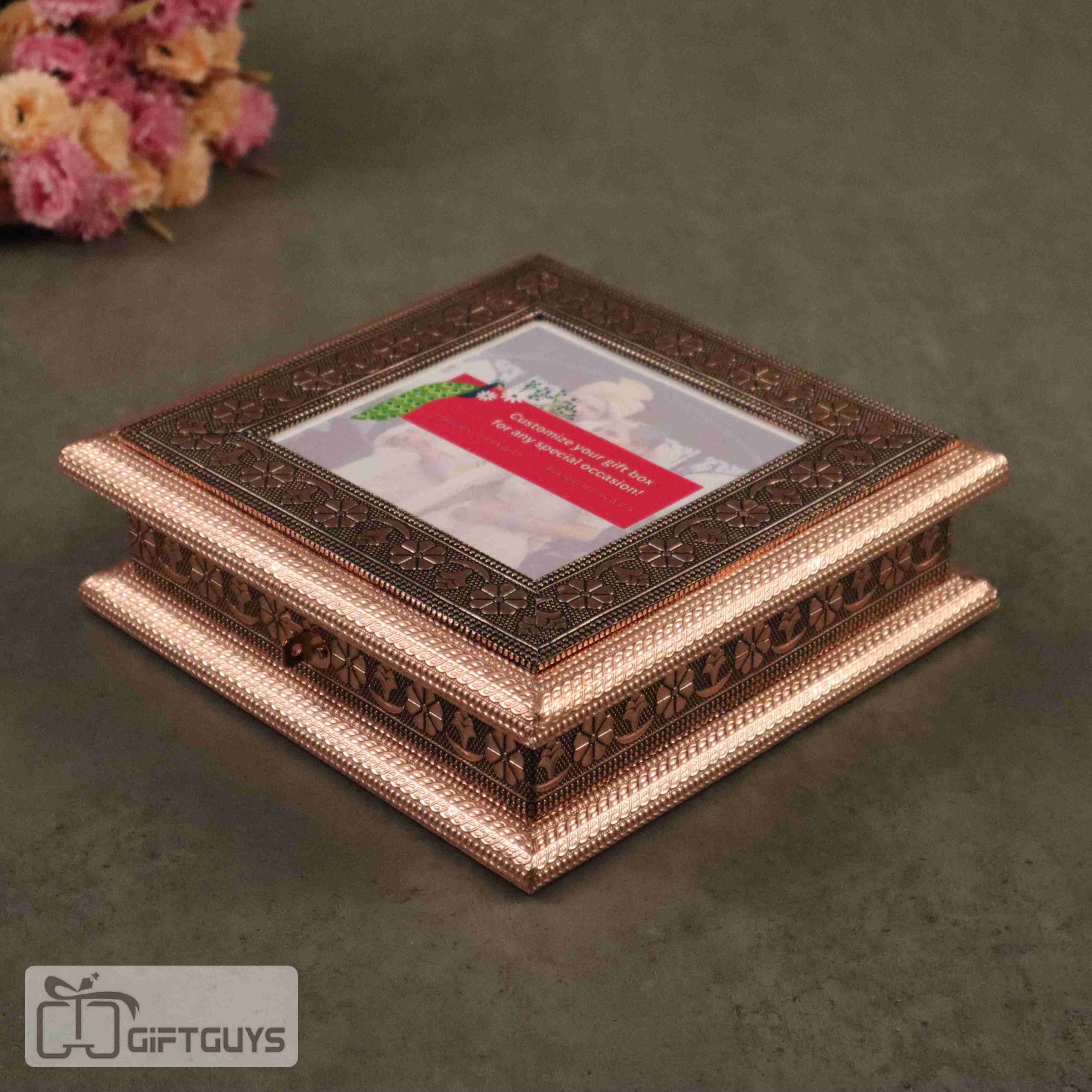 Wooden Copper oxidised customizable photo dryfruit box 8 X 8 inch